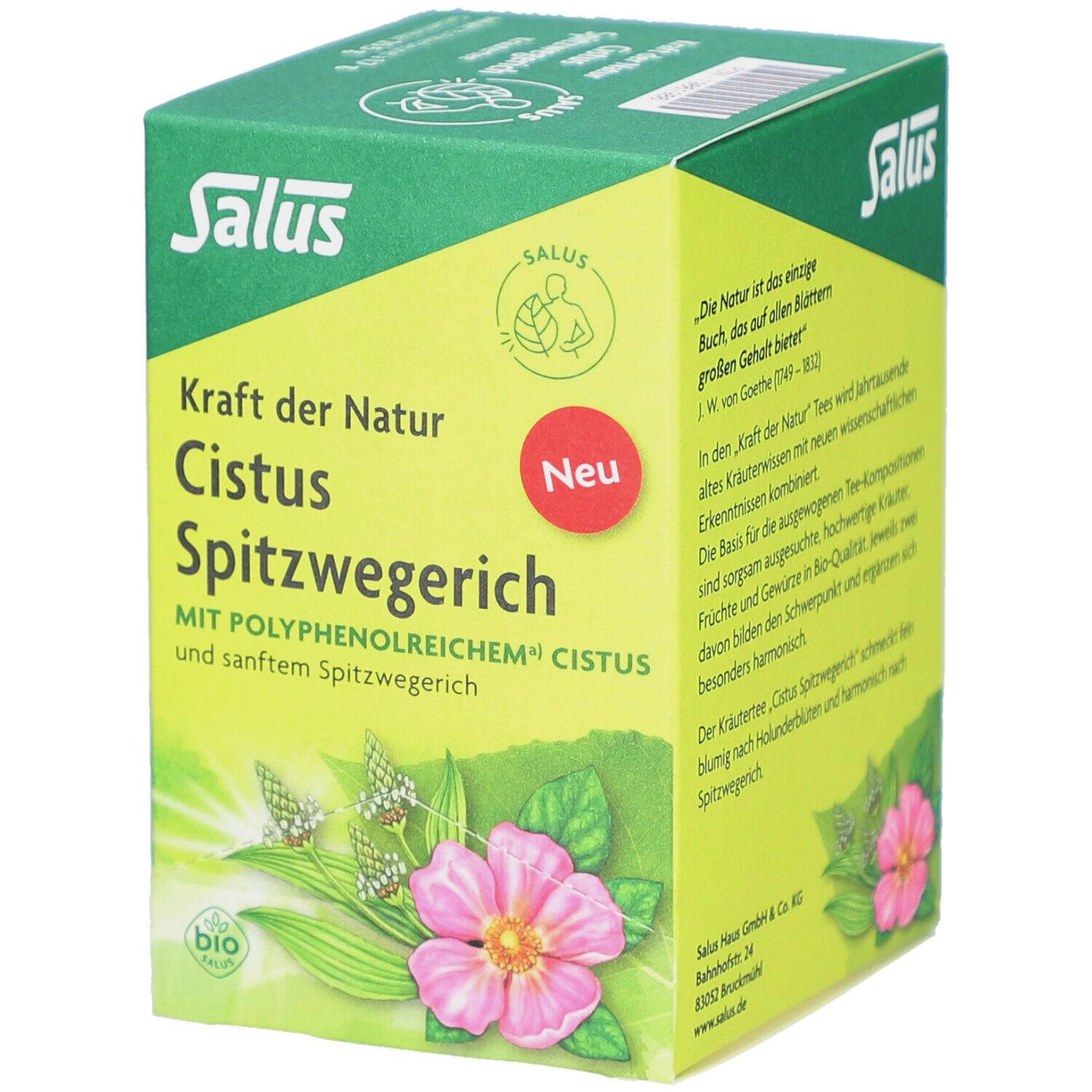 Grüne Schachtel mit Aufschrift "Salus", "Cistus Spitzwegerich". Bio-Siegel. Abbildung einer Blume und Blätter.