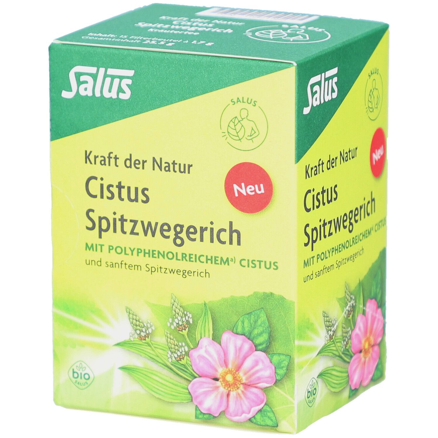 Grüne Schachtel mit "Salus", "Cistus Spitzwegerich". Bio-Siegel. Blume und Blätter abgebildet. Roter Aufkleber "Neu".