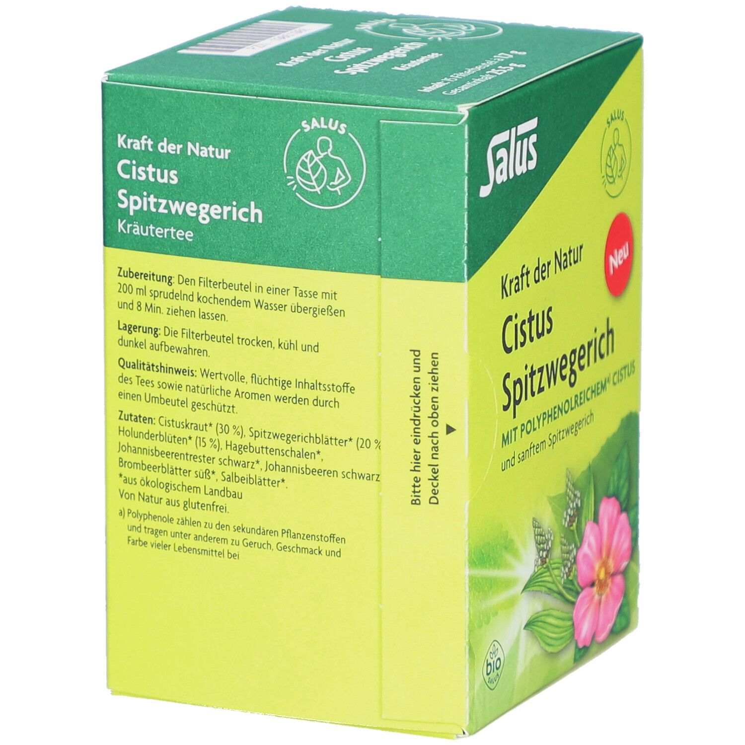 Grüne Schachtel mit Text. "Salus", "Cistus Spitzwegerich". Bio-Siegel. Text über Zubereitung und Zutaten.