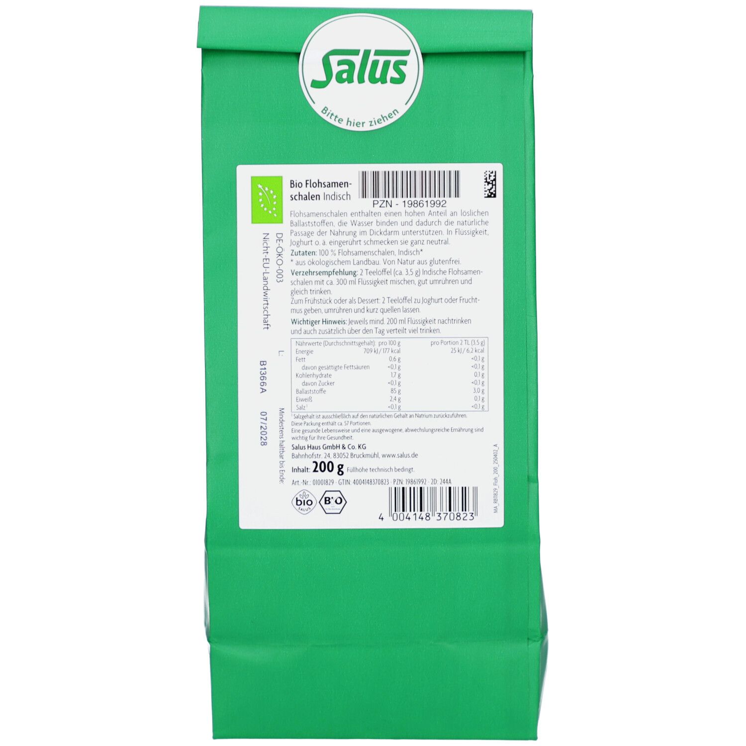 Rückseite des grünen Beutels. Enthält Textinformationen, das Logo "Salus", Bio-Siegel und Barcode. Inhalt 200g.