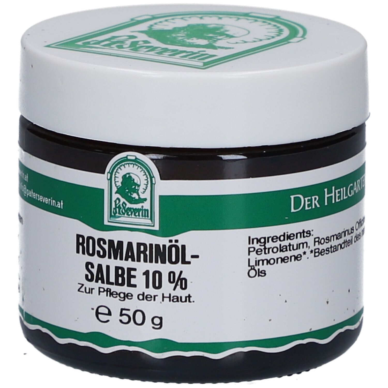 Dunkles Glas mit weißem Deckel. Aufschrift: Rosmarinöl-Salbe 10 %. Grünes Etikett mit Logo. 50 g. Text: Zur Pflege der Haut.