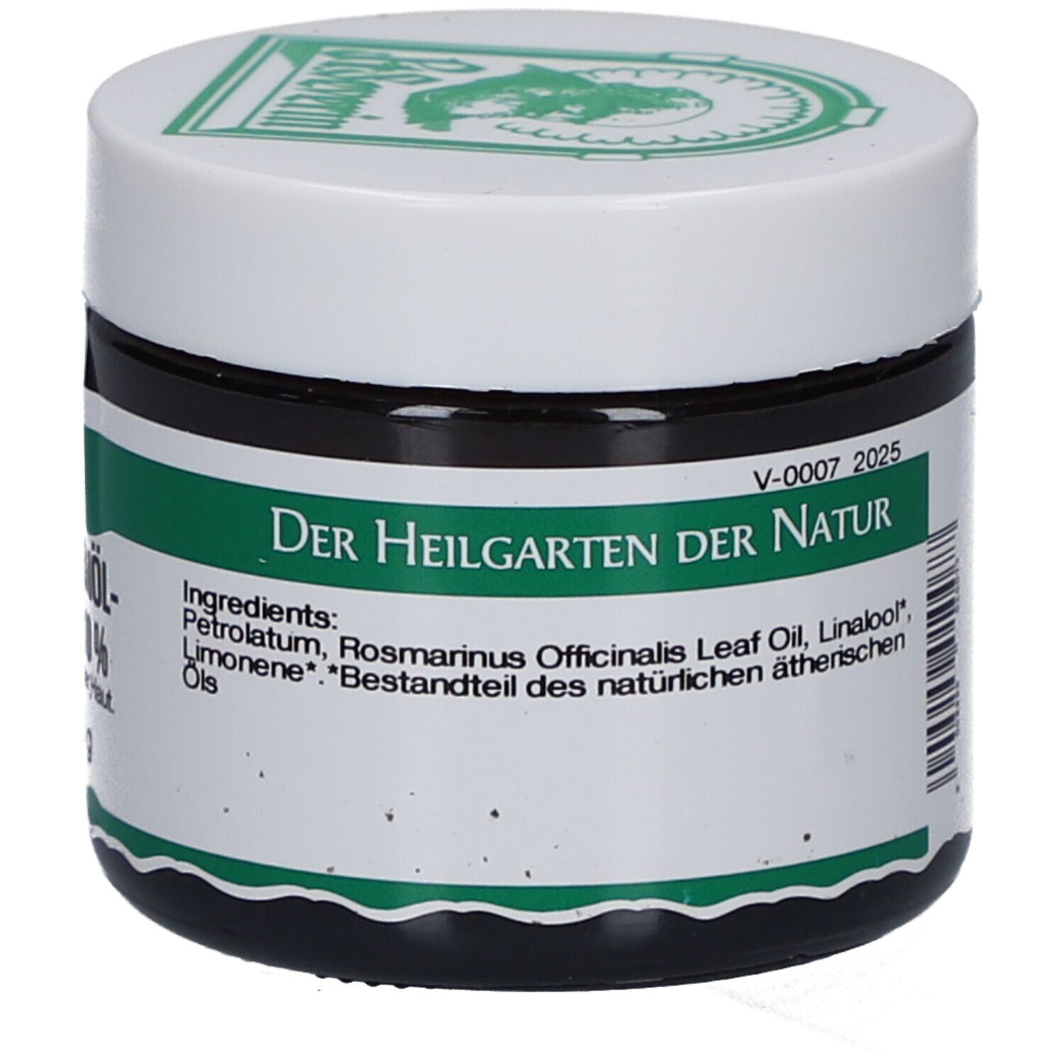 Dunkles Glas mit weißem Deckel. Grünes Etikett mit Text und Logo. Text: Der Heilgarten der Natur. Inhaltsstoffe.