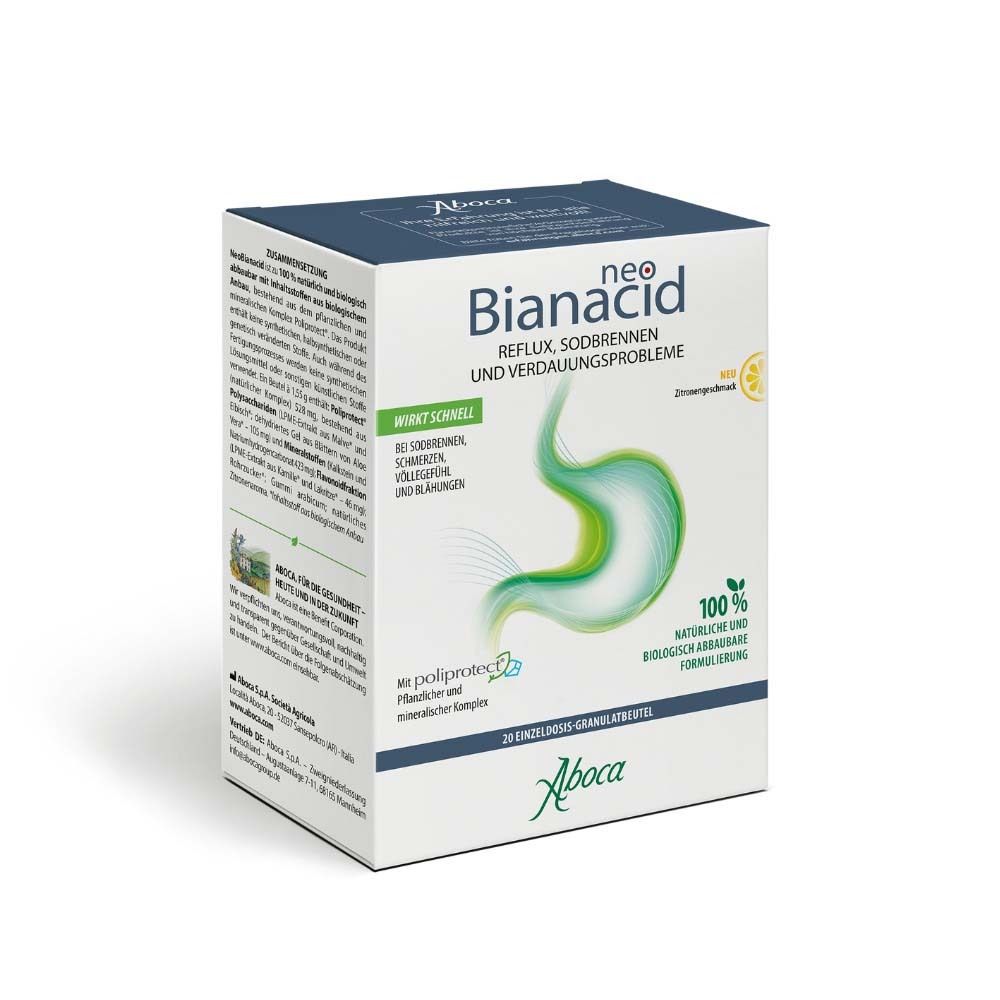 Karton NeoBianacid. Text: Reflux, Sodbrennen, Verdauungsprobleme. 20 Einzel-Dosis-Granulatbeutel. Aboca.