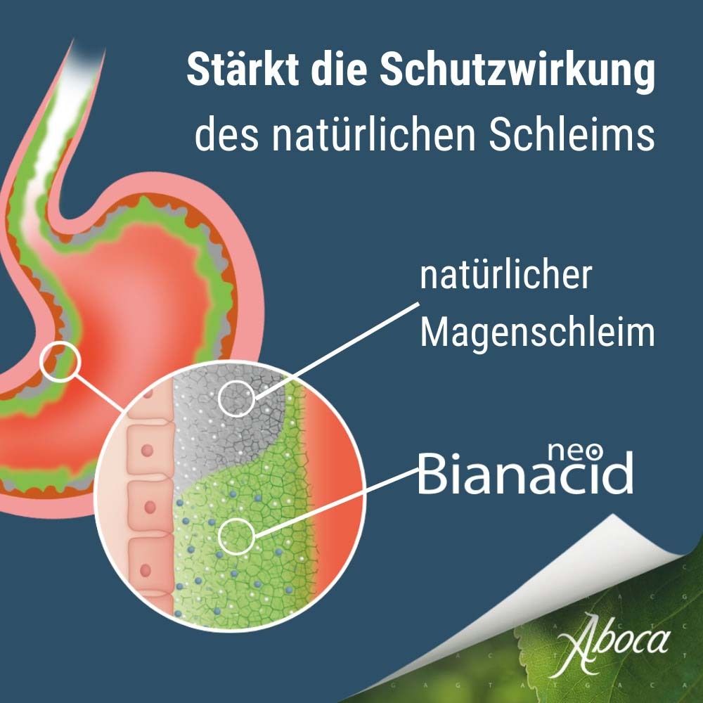 Grafik: Magen mit NeoBianacid. Text: Stärkt die Schutzwirkung des natürlichen Schleims. NeoBianacid.