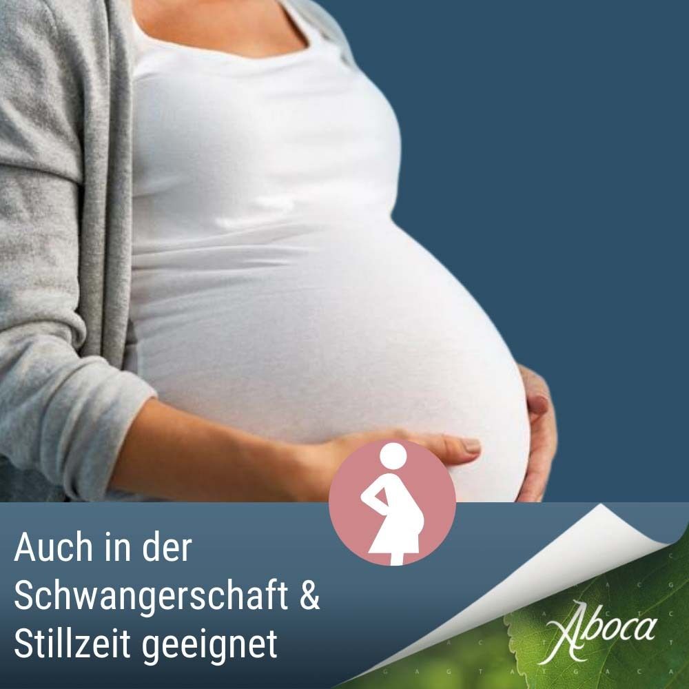 Schwangere Frau. Text: Auch in der Schwangerschaft & Stillzeit geeignet. Aboca-Logo.