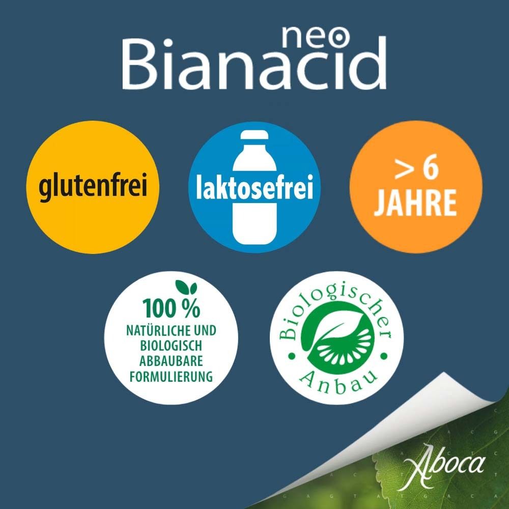 Icons: glutenfrei, laktosefrei, >6 Jahre, 100% natürlich, biologischer Anbau. Aboca-Logo.