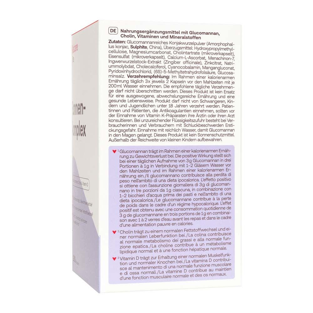 Rückseite der Schachtel mit Inhaltsstoffen und Verzehrempfehlung für 'Sonnenkomplex'.