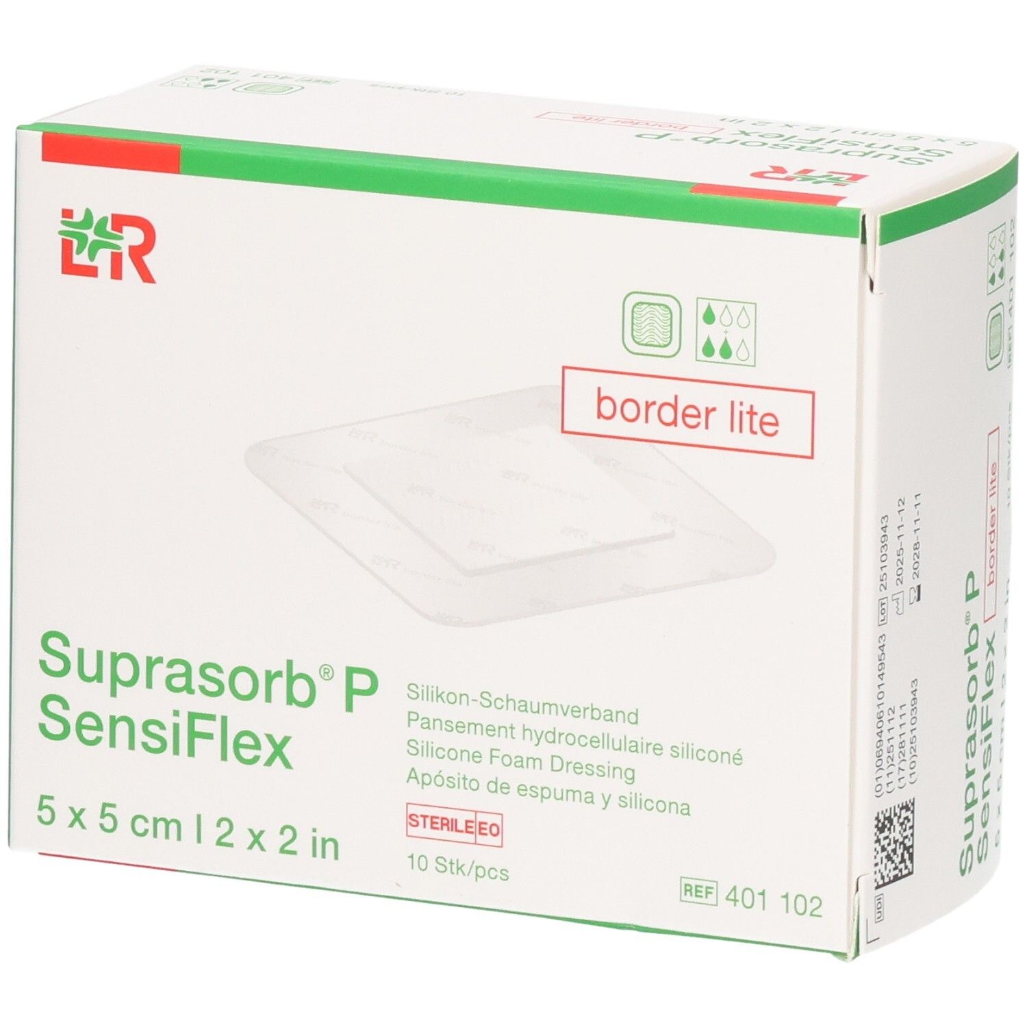 Verpackung von Suprasorb P SensiFlex Border Lite, 5x5cm, 10 Stück.