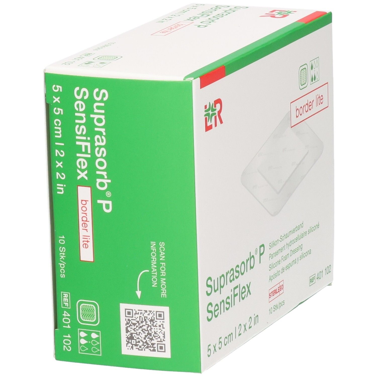 Verpackung von Suprasorb P SensiFlex Border Lite, 5x5cm, 10 Stück, mit QR-Code.