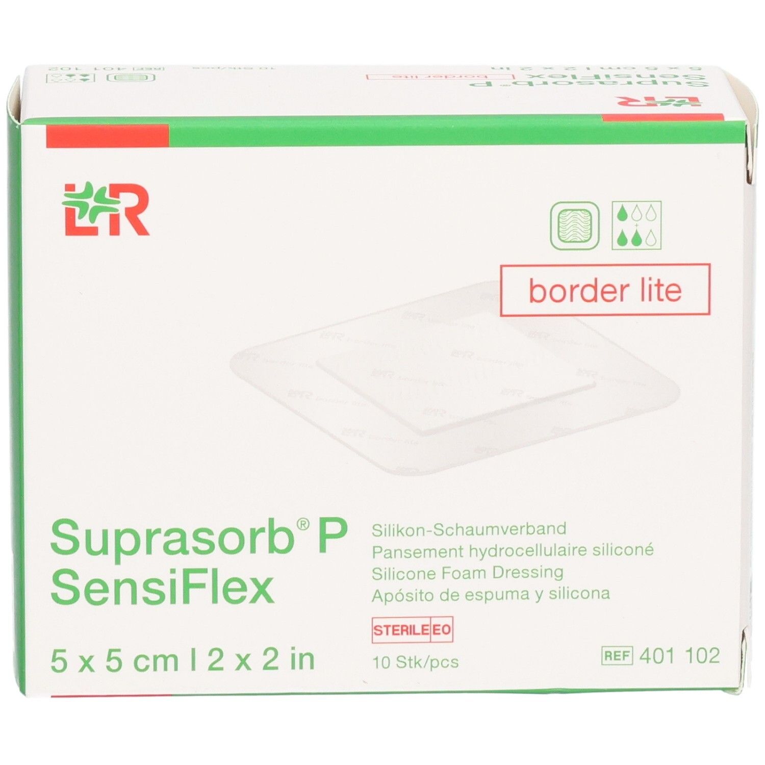 Verpackung von Suprasorb P SensiFlex Border Lite, 5x5cm, 10 Stück, mit Darstellung des Verbandes.