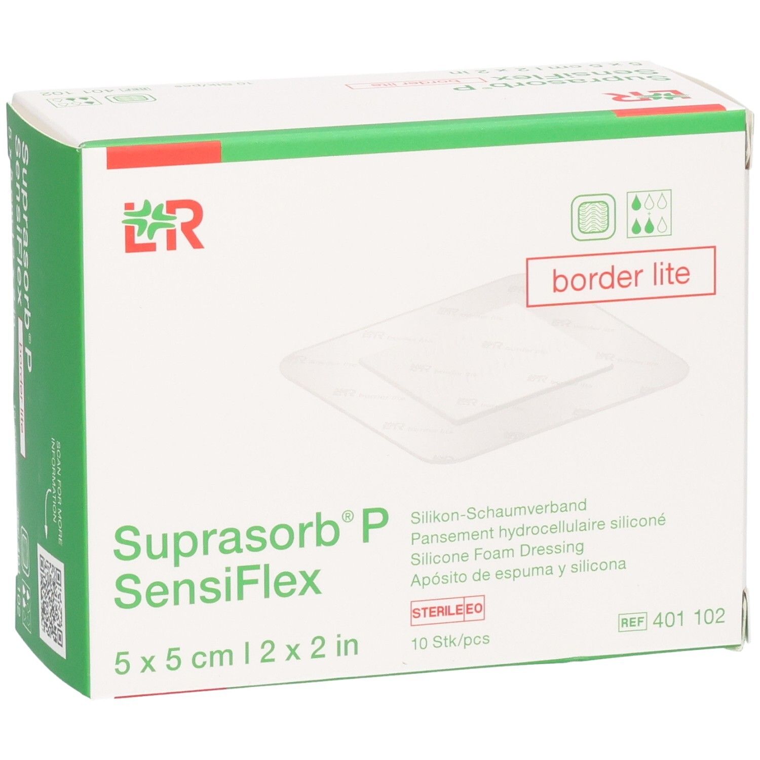 Verpackung von Suprasorb P SensiFlex Border Lite, 5x5cm, 10 Stück, mit Darstellung des Verbandes.