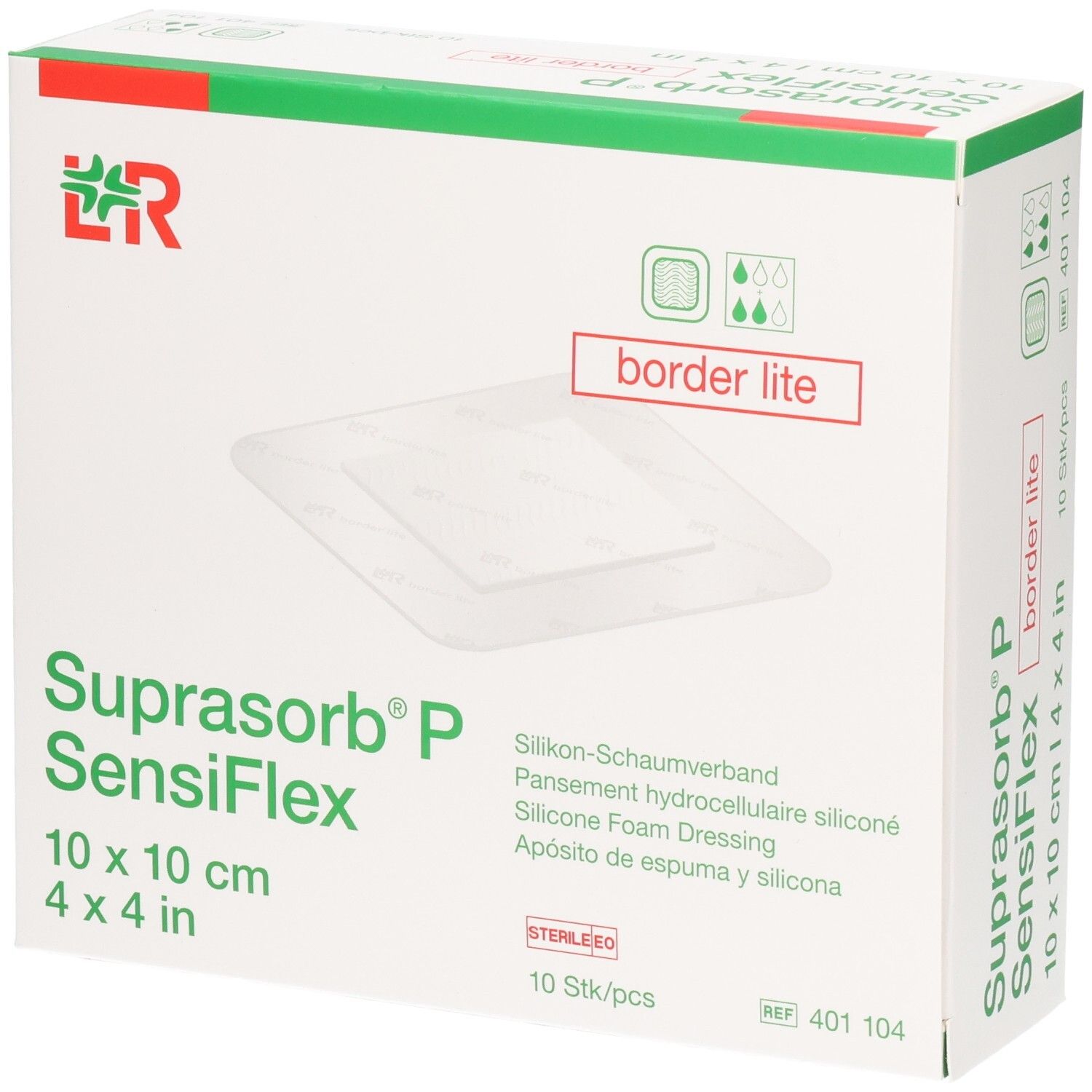 Verpackung SUPRASORB P SensiFlex border lite, 10x10cm, 10 Stück. Silikon-Schaumverband.