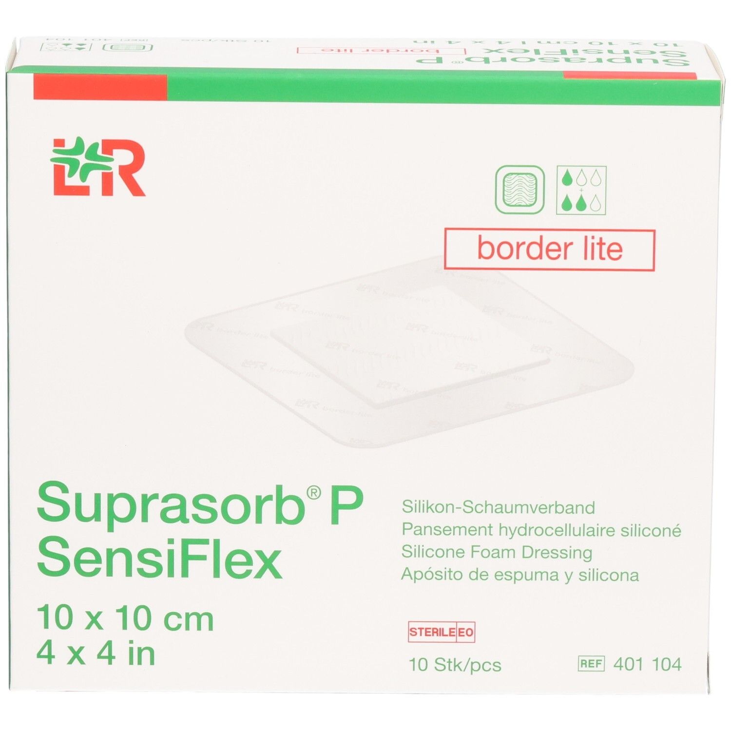 Verpackung SUPRASORB P SensiFlex border lite, 10x10cm, 10 Stück. Silikon-Schaumverband.