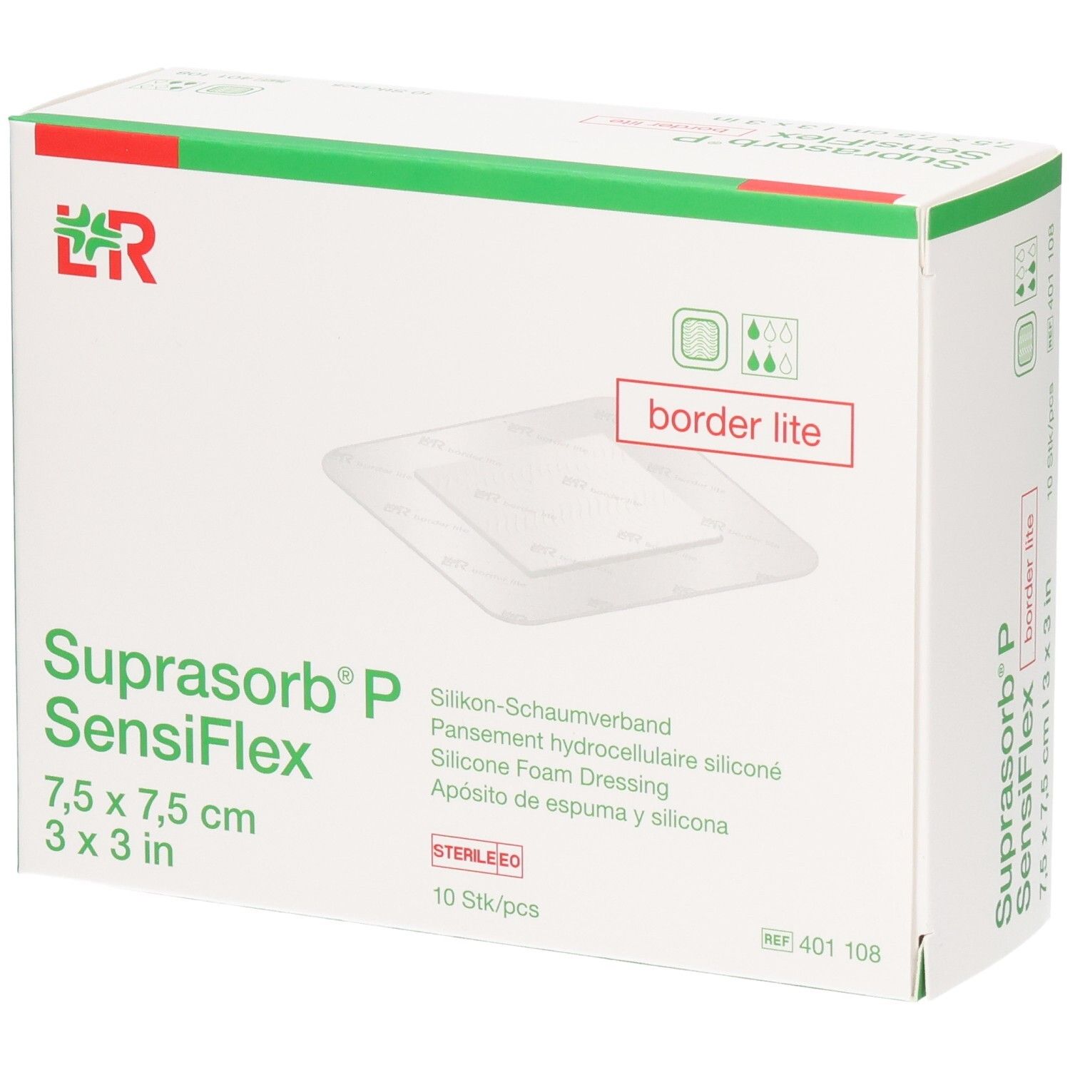 SUPRASORB P SensiFlex border lite Verband, 7,5x7,5cm, 10 Stück.