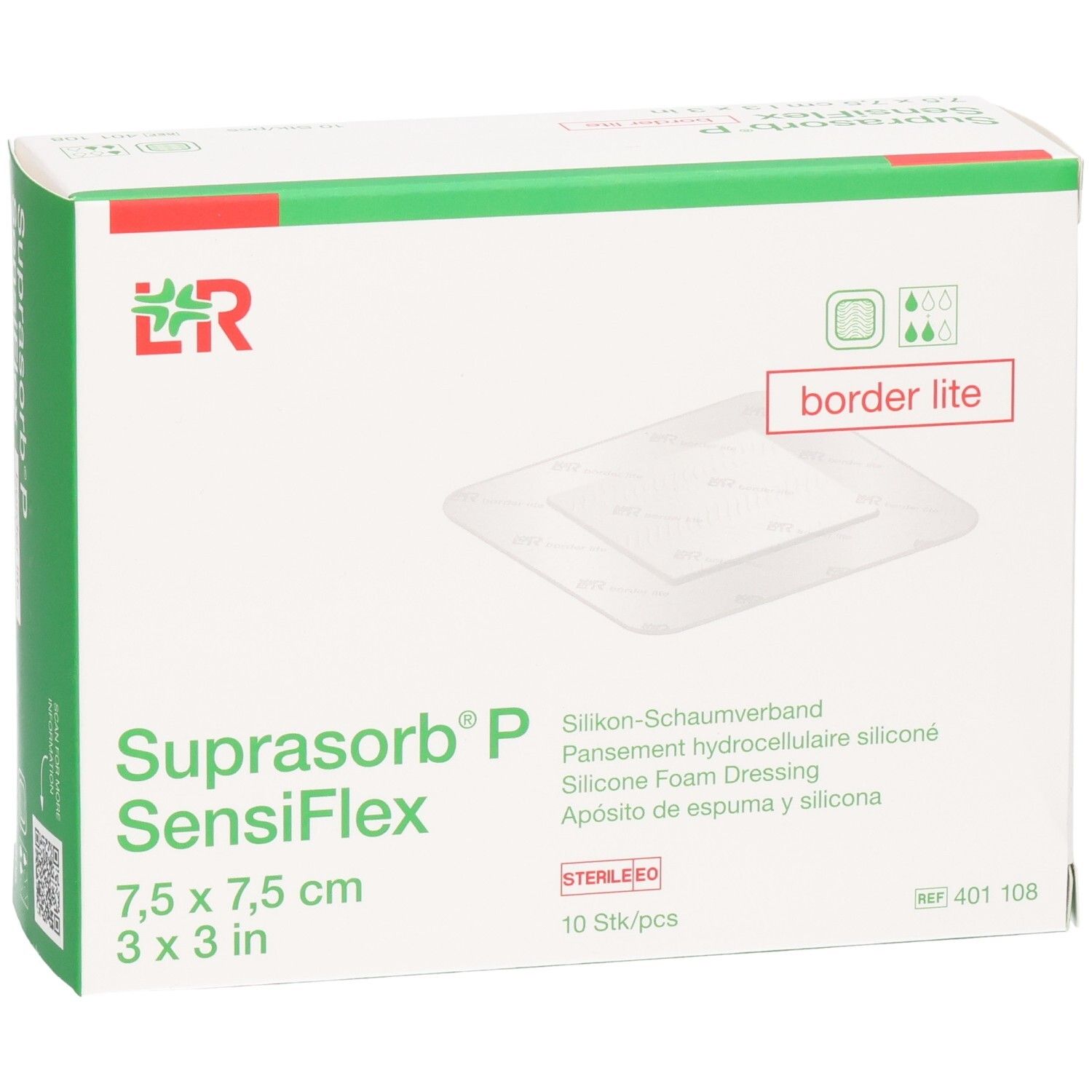 SUPRASORB P SensiFlex border lite Verband, 7,5x7,5cm, 10 Stück.