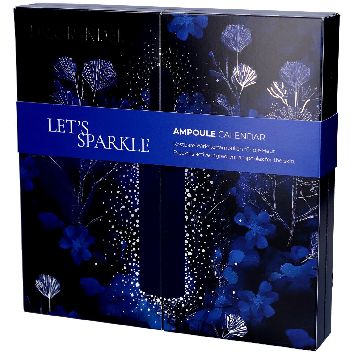 Dunkelblaue Kosmetik-Adventskalender-Box mit floralem Muster und Schriftzug "LET'S SPARKLE". Blaue Band mit "AMPOULE CALENDAR".