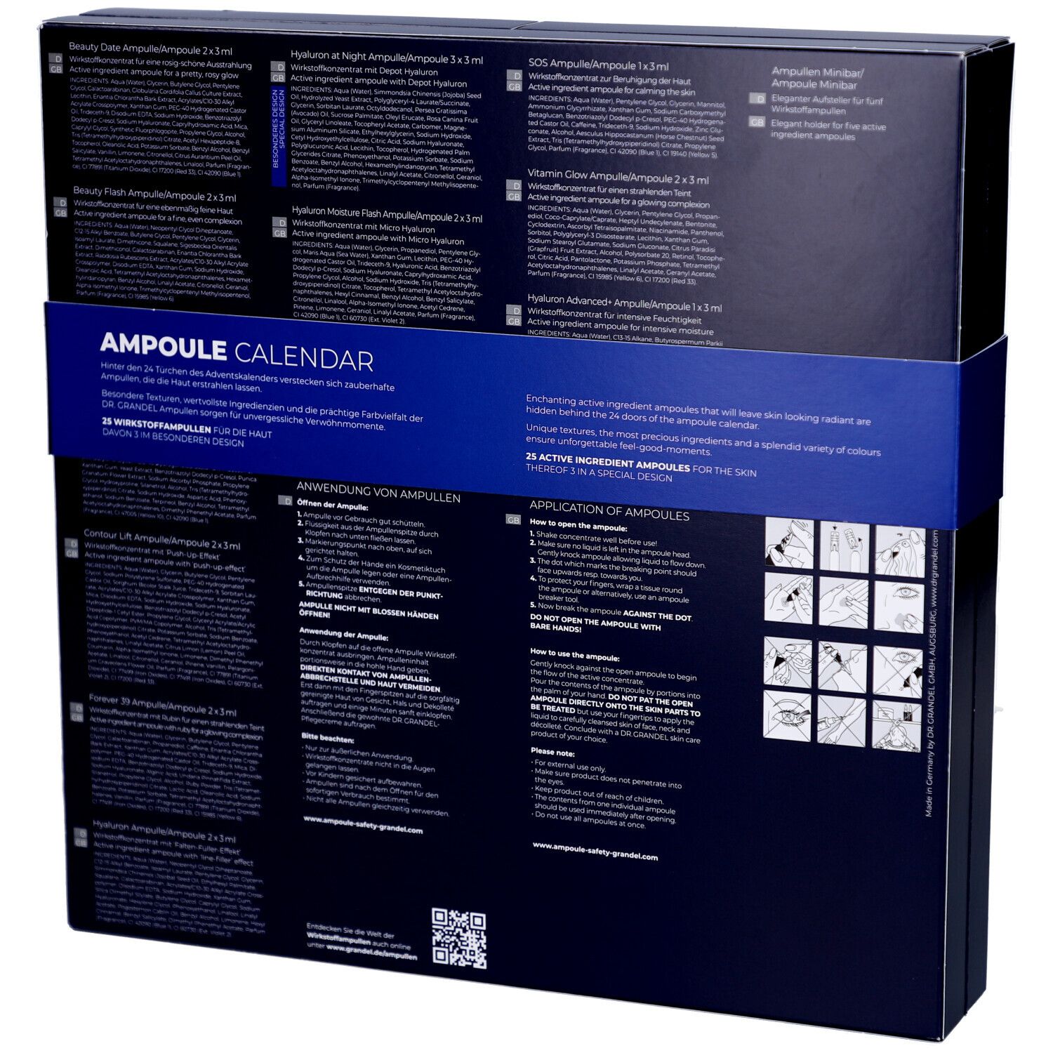 Rückseite der dunkelblauen Kosmetik-Adventskalender-Box mit Text und Anwendungsanweisungen. Blaue Band mit "AMPOULE CALENDAR".