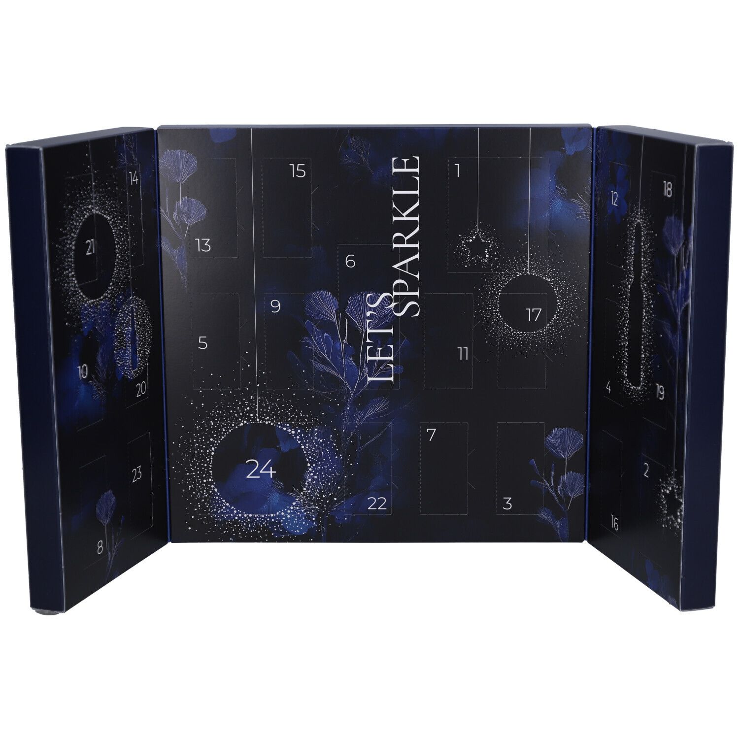 Geöffnete dunkelblaue Kosmetik-Adventskalender-Box mit 24 nummerierten Fächern. Floral Muster und Schriftzug "LET'S SPARKLE".