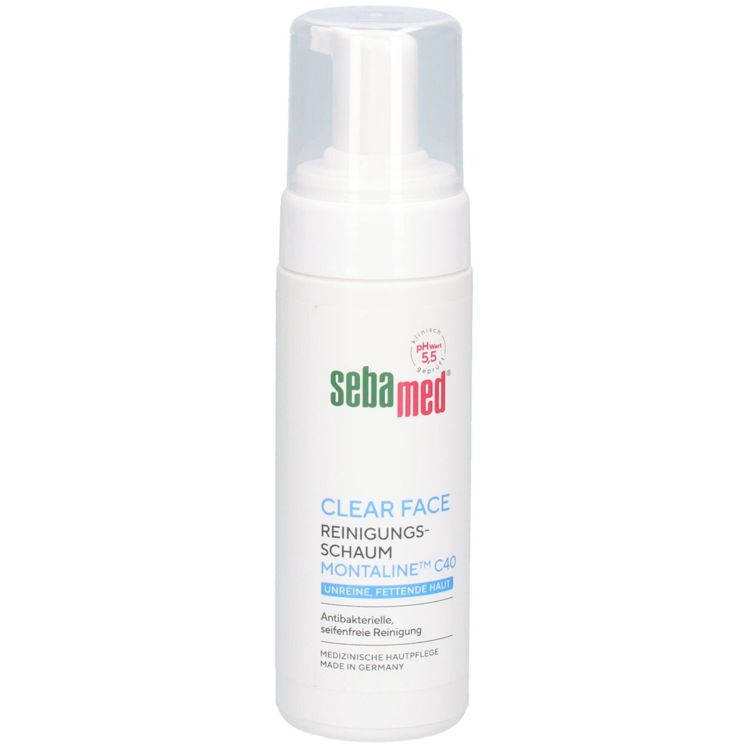 Weiße Flasche mit Pumpverschluss. Aufschrift: sebamed, CLEAR FACE Reinigungsschaum, pH 5.5. Für unreine, fettende Haut.