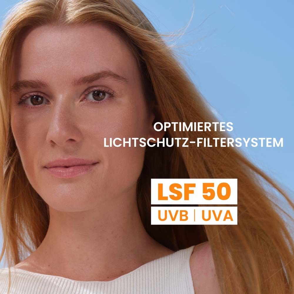 Nahaufnahme einer Frau. Text: Optimiertes Lichtschutz-Filtersystem, LSF 50 UVB|UVA.