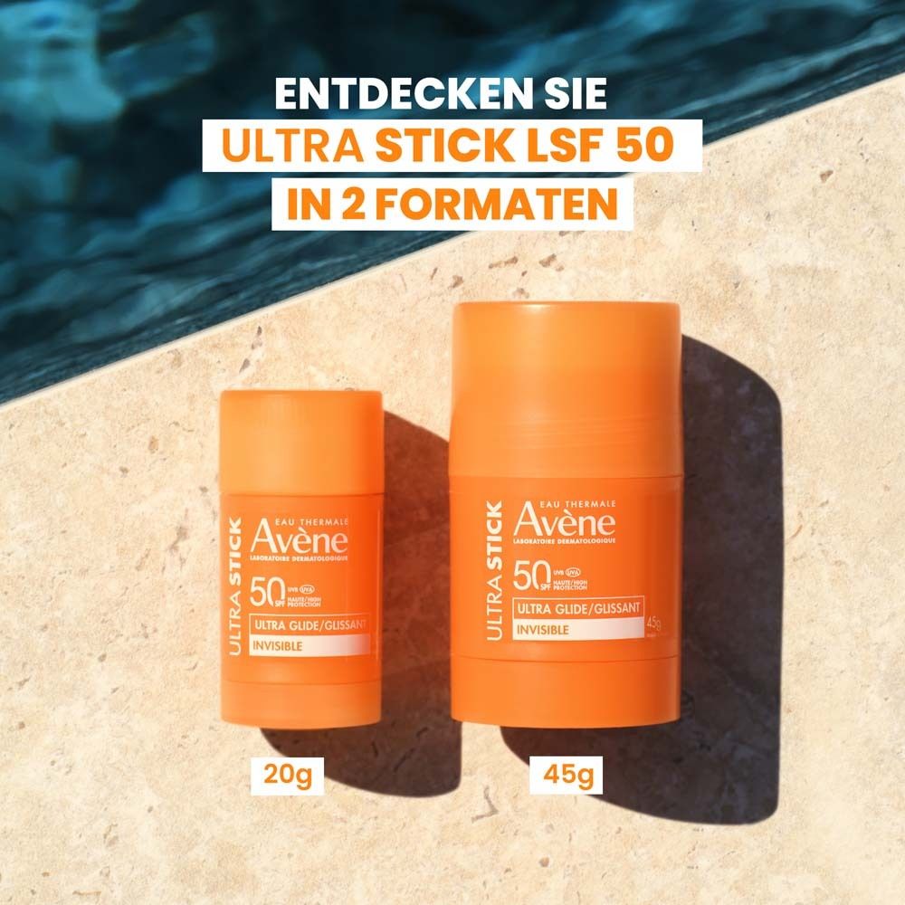 Zwei Sonnenschutz-Sticks nebeneinander. Text: Entdecken Sie Ultra Stick LSF 50 in 2 Formaten, 20g und 45g.