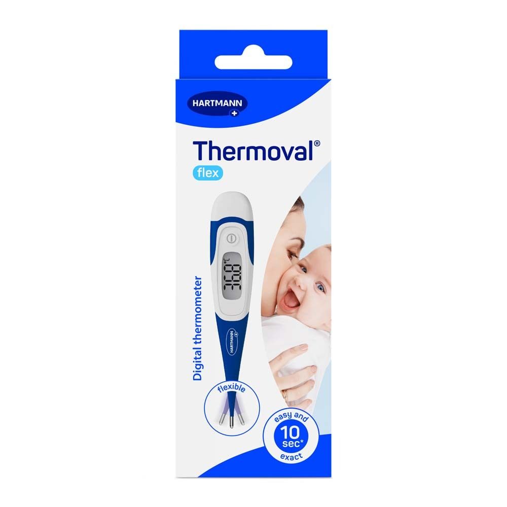 Verpackung des Thermoval flex Digitales Fieberthermometer. Blau-weiße Schachtel mit Produktname und Baby-Illustration.