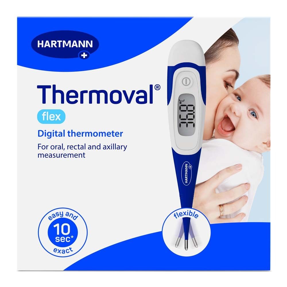 Thermoval flex Digitales Fieberthermometer auf Verpackung. Zeigt Temperaturanzeige und Baby-Illustration.
