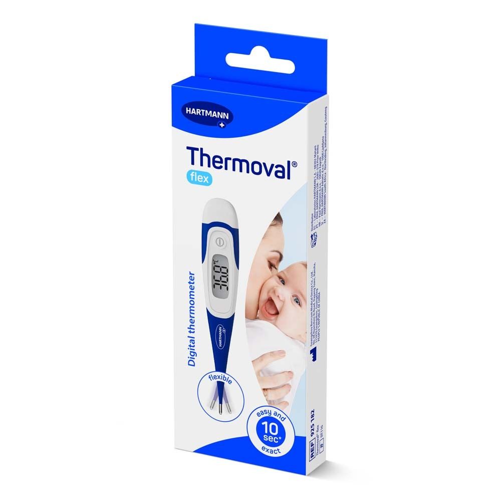 Verpackung des Thermoval flex Digitales Fieberthermometer. Blau-weiße Schachtel mit Produktname und Baby-Illustration.