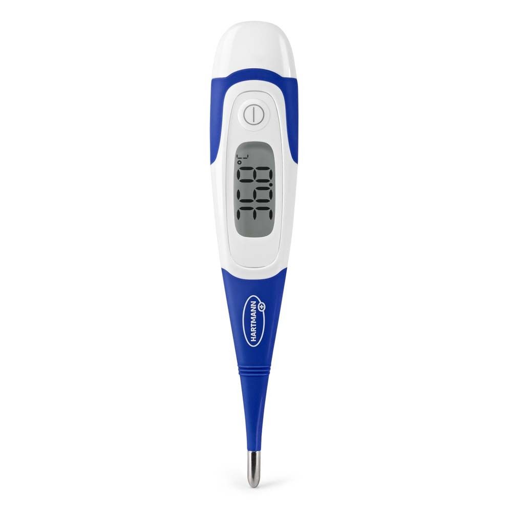 Digitales Fieberthermometer, blau-weiß. Zeigt Temperatur 36.8°C. Mit Display und Knopf.