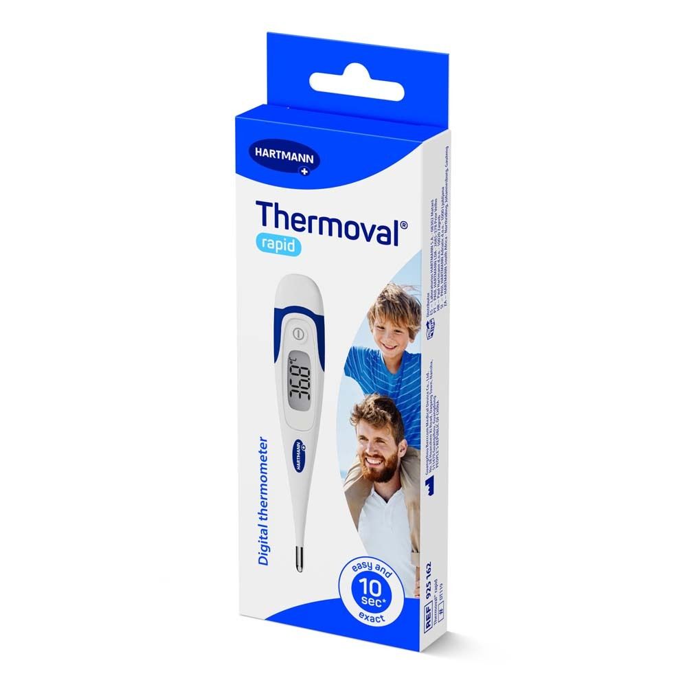 Verpackung Thermoval® rapid. Digitales Thermometer mit Display, blau-weiß. Aufdruck: Hartmann, 10 sec.