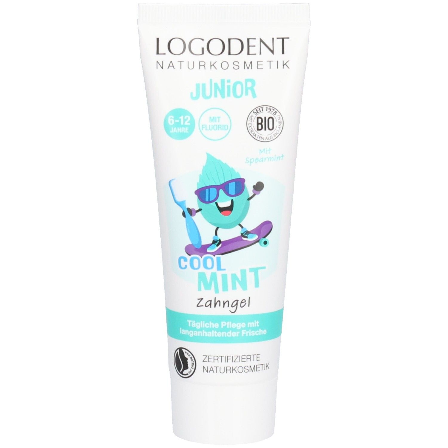 Zahngel-Tube mit Cartoon-Figur. Aufschrift: JUNIOR, COOL MINT, LOGODENT. Mit Bio-Siegel und Fluorid. Türkis-weißes Design.
