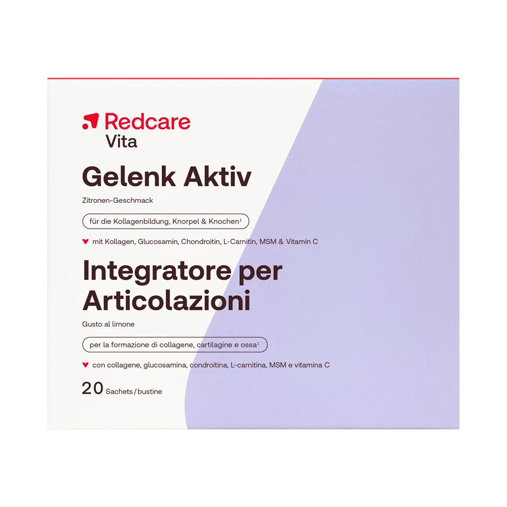 Redcare Vita Gelenk Aktiv Packung mit 20 Beuteln, Zitronen-Geschmack. Für Kollagenbildung, Knorpel & Knochen.