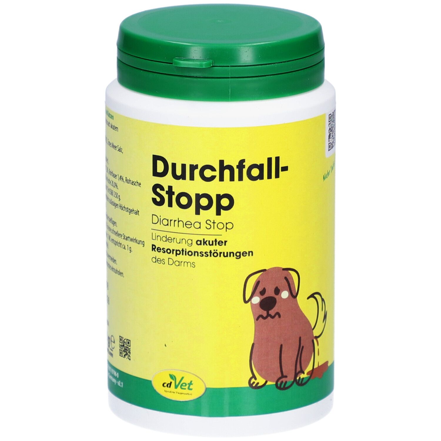Weiße Dose mit grünem Deckel. Aufschrift: Durchfall-Stopp, Diarrhea Stop. Illustration eines Hundes.
