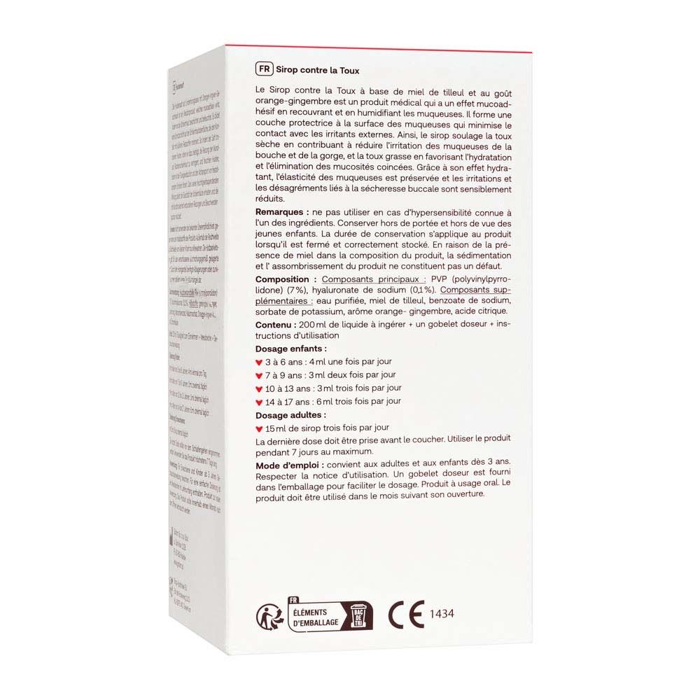 Rückseite der Verpackung von Redcare Hustensaft. Text in französischer Sprache mit Inhaltsstoffen und Dosierung.