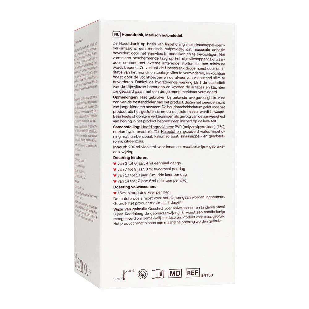 Rückseite der Verpackung von Redcare Hustensaft. Text in niederländischer Sprache mit Inhaltsstoffen und Dosierung.