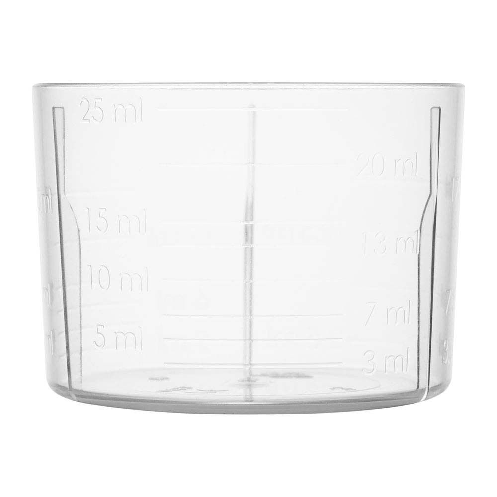 Transparenter Messbecher mit ml-Markierungen. Skala von 3 ml bis 25 ml.
