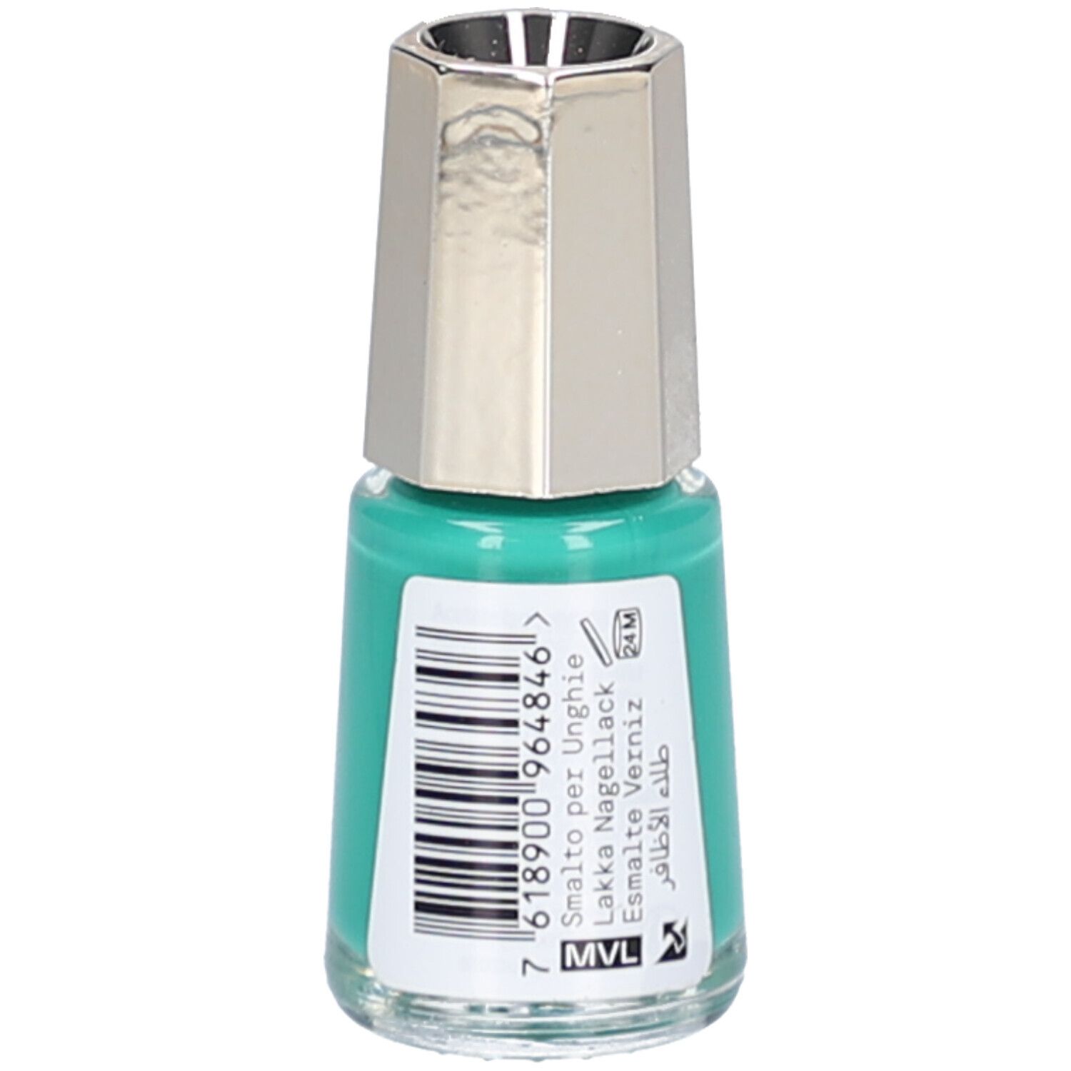 Nagellackflasche, grün. Silberfarbener Deckel. Barcode und Text: Smalto per Unghie, Lakka Nagellack, Esmlate Verniz, طلاء الأظافر.