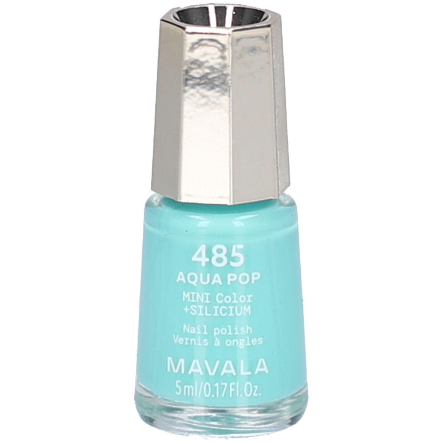 Türkisfarbener Nagellackflakon mit silberfarbenem Deckel. Aufschrift: 485 Aqua Pop, Mini Color + Silicium, MAVALA.