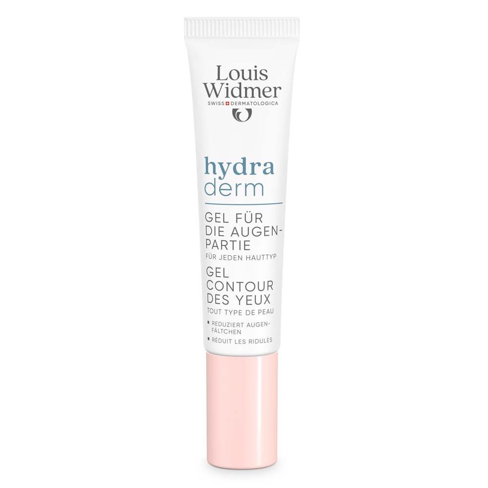 Weisse Tube mit rosa Kappe. Aufschrift: Louis Widmer, hydra derm, Gel für die Augenpartie. Enthält Text in Deutsch und Französisch.