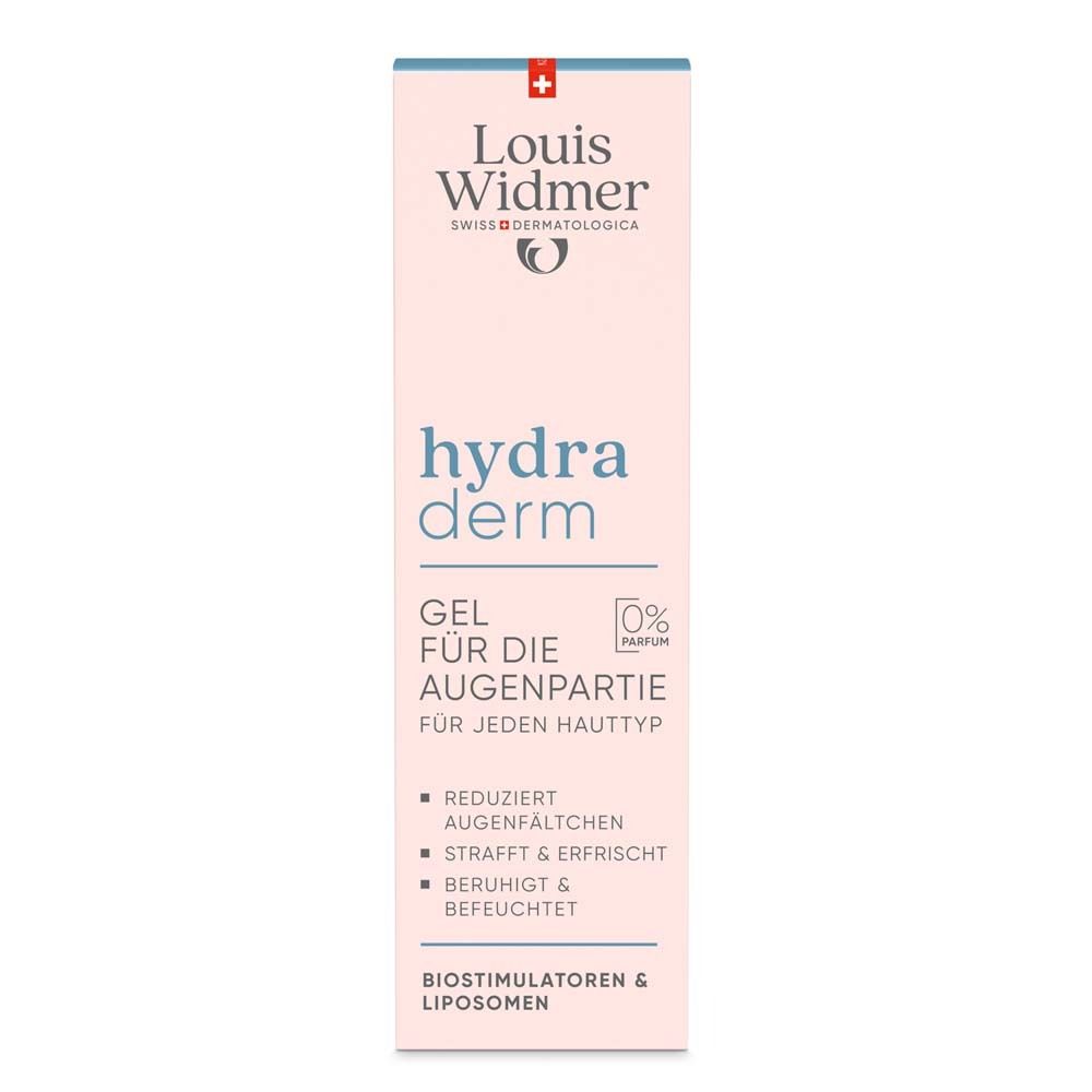Rosa Verpackung mit Louis Widmer Logo und Produktnamen hydra derm. Text: Gel für die Augenpartie, reduziert Augenfältchen, strafft.