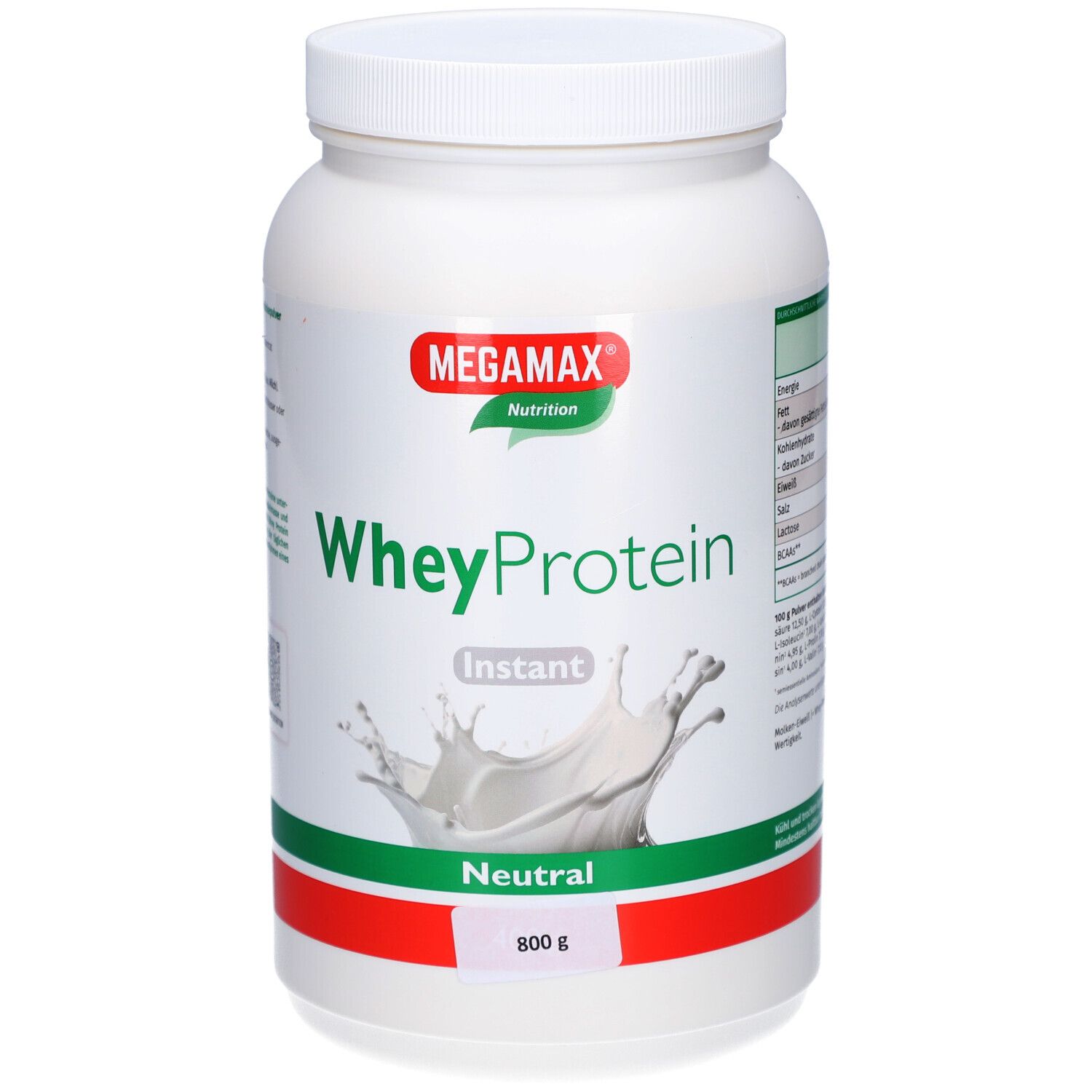 Weißes Proteinpulver-Behälter mit rotem und grünem Band. Aufschrift: MEGMAX, WheyProtein, Instant, Neutral, 800 g.