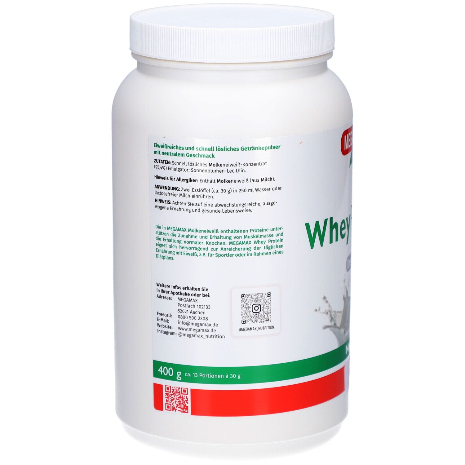 Rückseite des weißen Proteinpulver-Behälters. Text: Informationen, Zutaten, Anwendung, Adresse, QR-Code, 400 g.