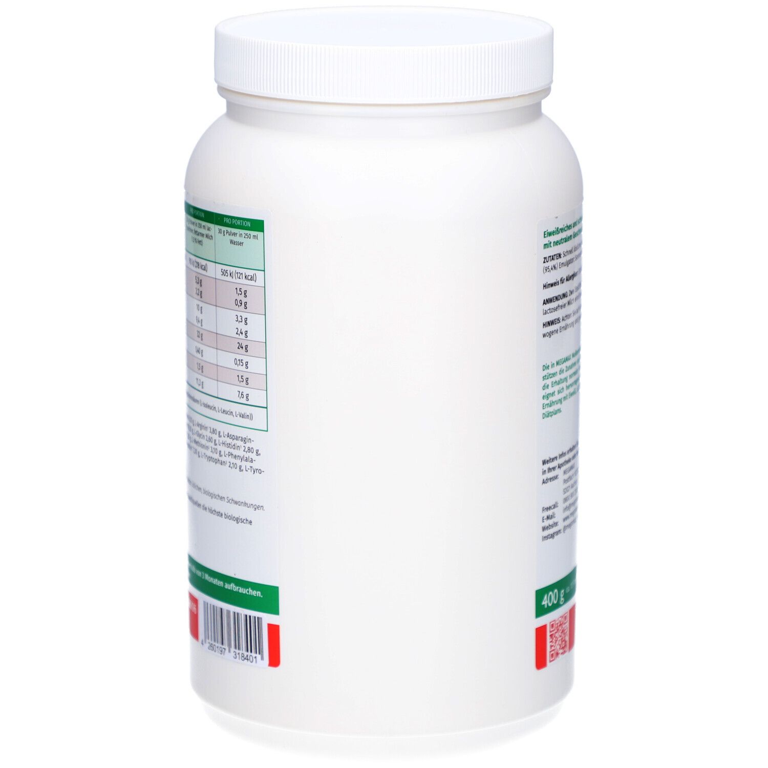 Rückseite des weißen Proteinpulver-Behälters. Text: Nährwertangaben, 400 g, Barcode.