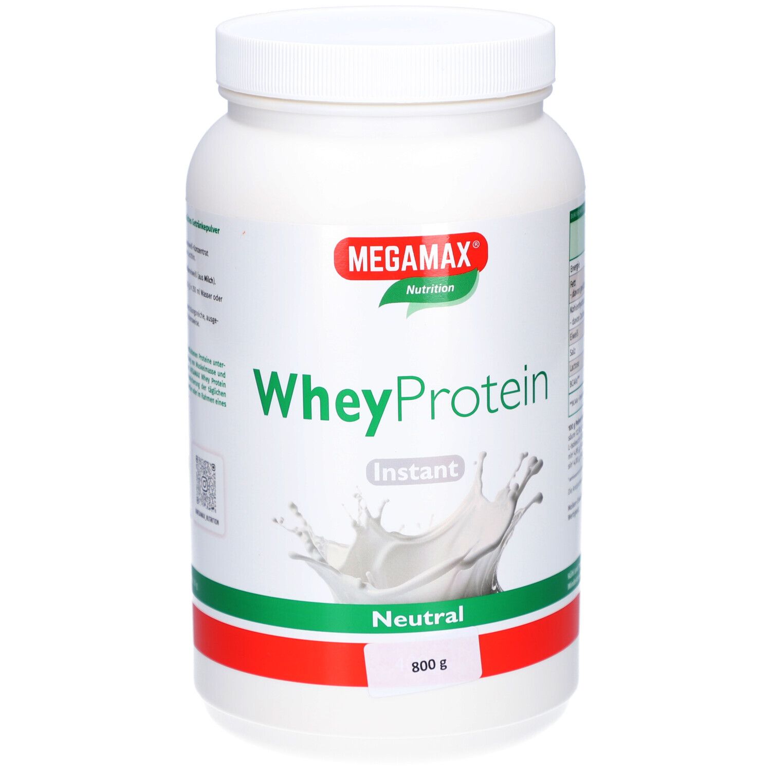 Weißer Proteinpulver-Behälter mit rotem und grünem Band. Aufschrift: MEGMAX, WheyProtein, Instant, Neutral, 800 g.