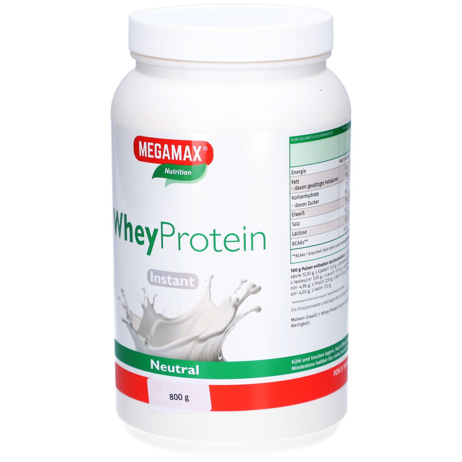 Weißer Proteinpulver-Behälter mit rotem und grünem Band. Aufschrift: MEGMAX, WheyProtein, Instant, Neutral, 800 g.