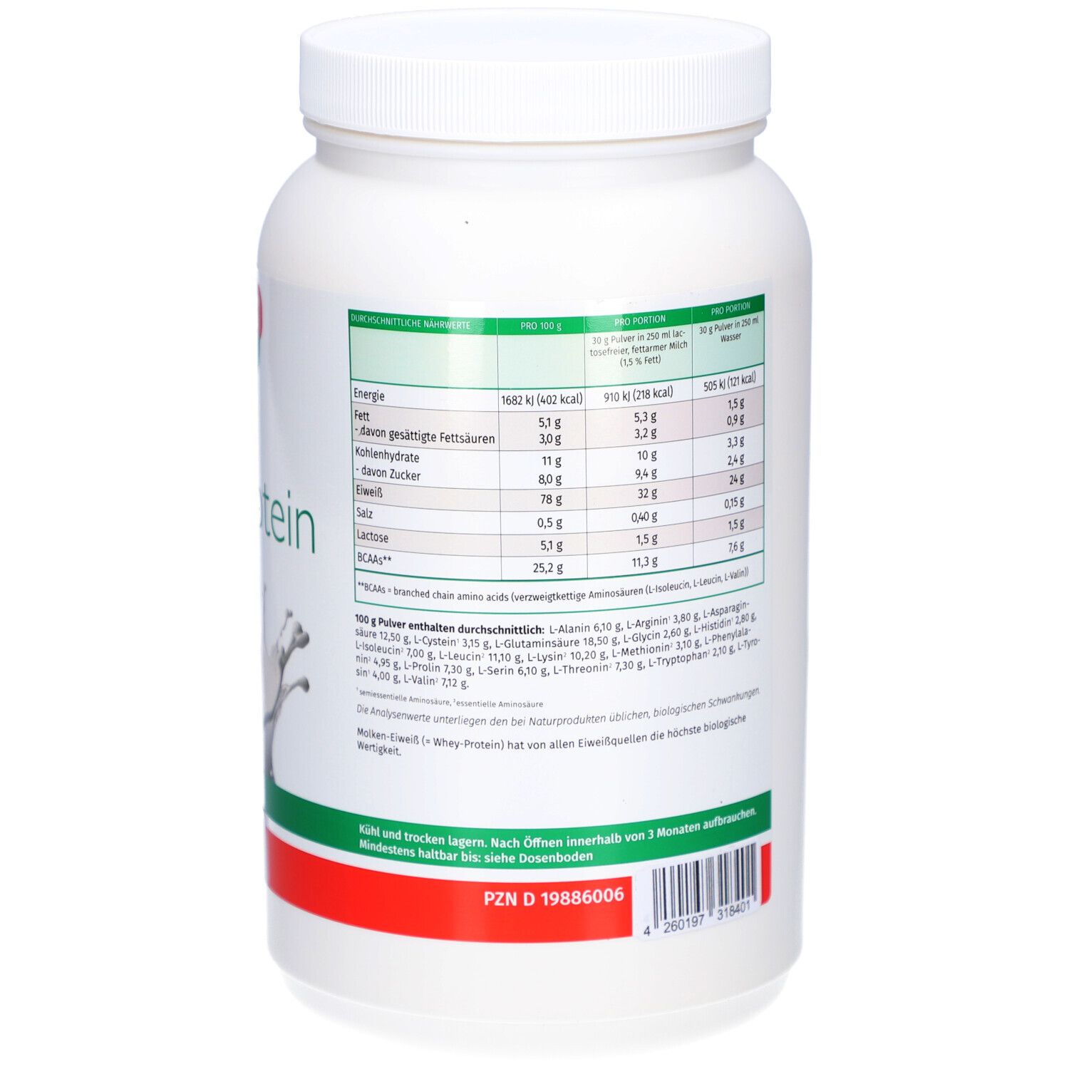 Rückseite des weißen Proteinpulver-Behälters. Text: Nährwertangaben, Aminosäuren, Lagerung, PZN, Barcode.