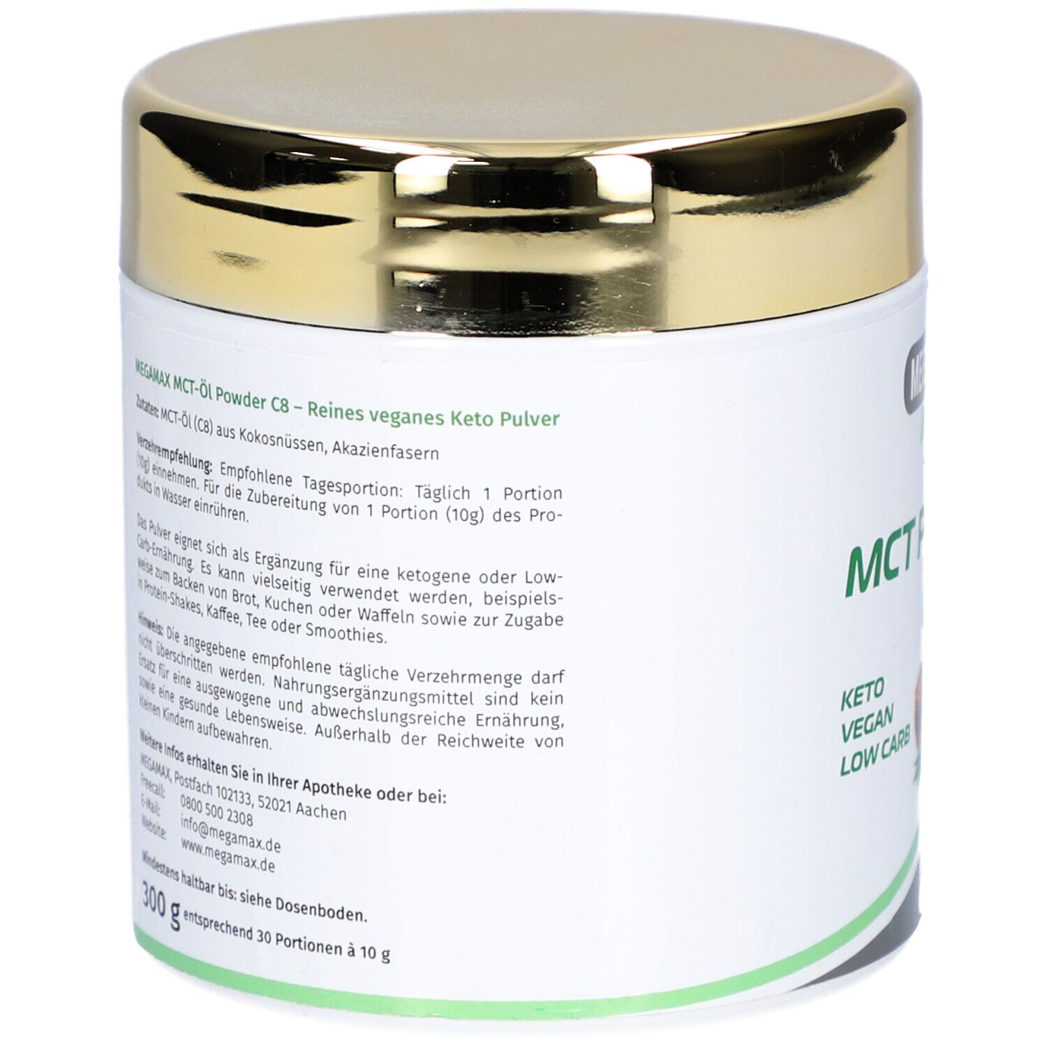 Rückseite der Dose. Text: MCT-Öl C8, Zutaten, Verzehrempfehlung, Hinweise. 300g. MEGMAX Logo.