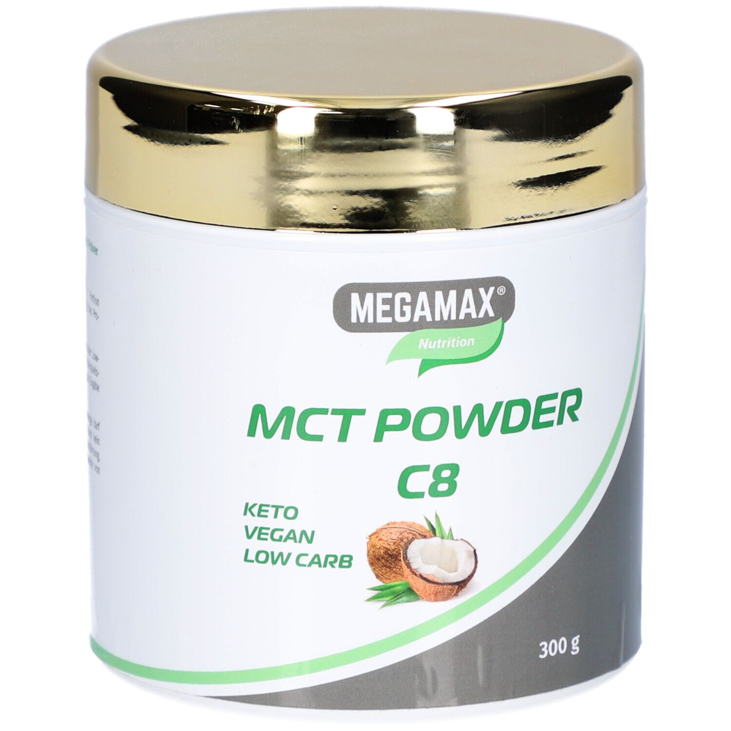 Weißes Dose mit goldenem Deckel. Aufschrift: MEGMAX Nutrition, MCT POWDER C8, Keto Vegan Low Carb. Kokosnuss-Illustration.