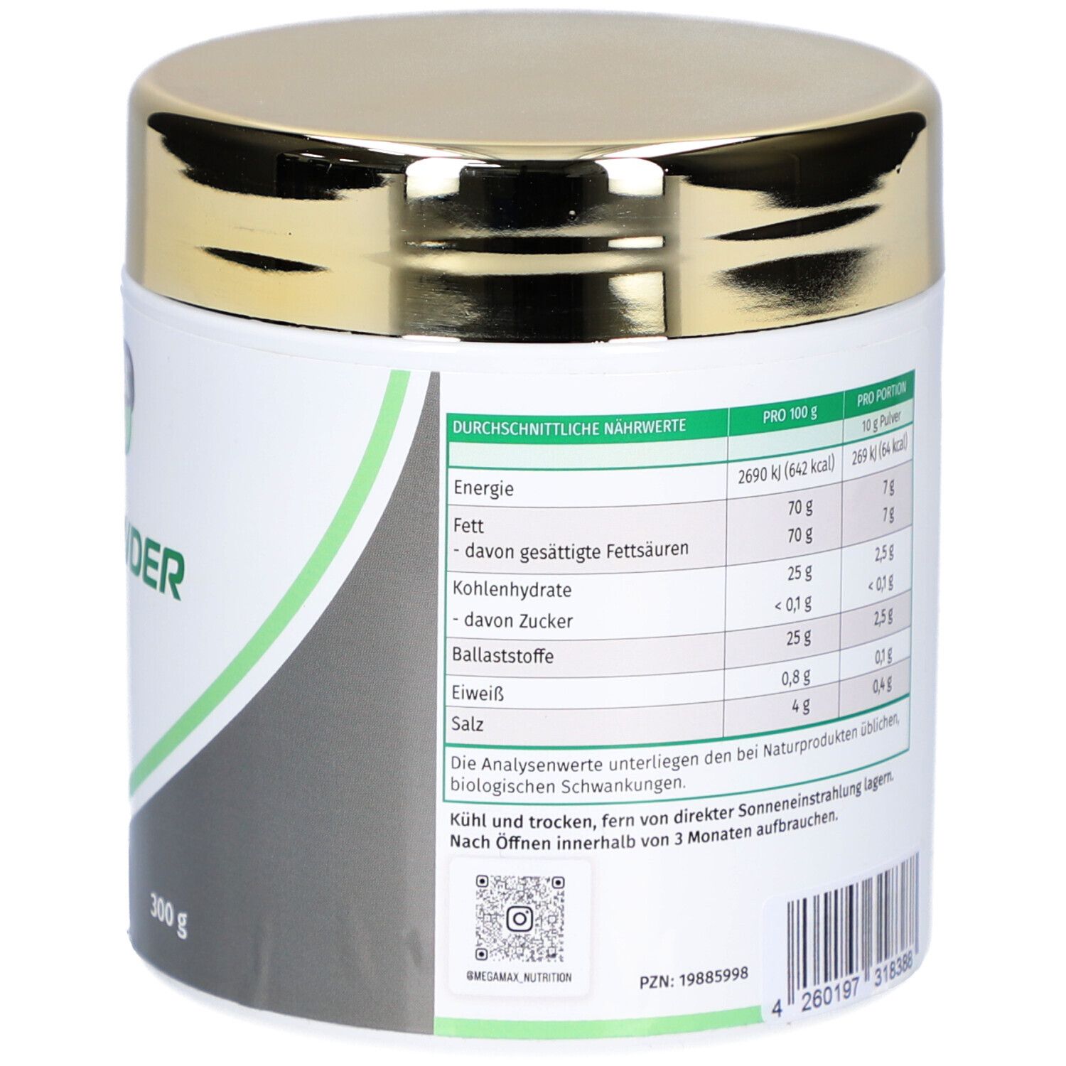 Rückseite der Dose. Nährwerttabelle. Text: MEGMAX MCT-Öl C8, 300g. QR-Code.