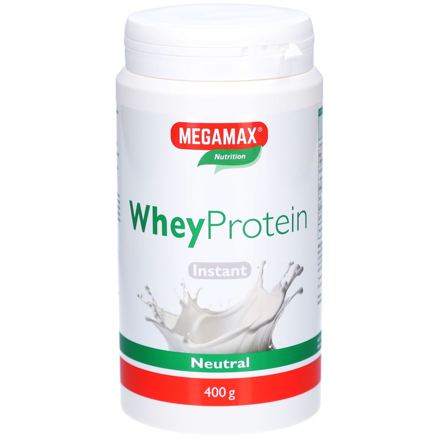 Weißes Proteinpulver-Behälter mit rotem und grünem Etikett. Aufschrift: WheyProtein, Instant, Neutral, 400g. Marke: Megamax Nutrition.